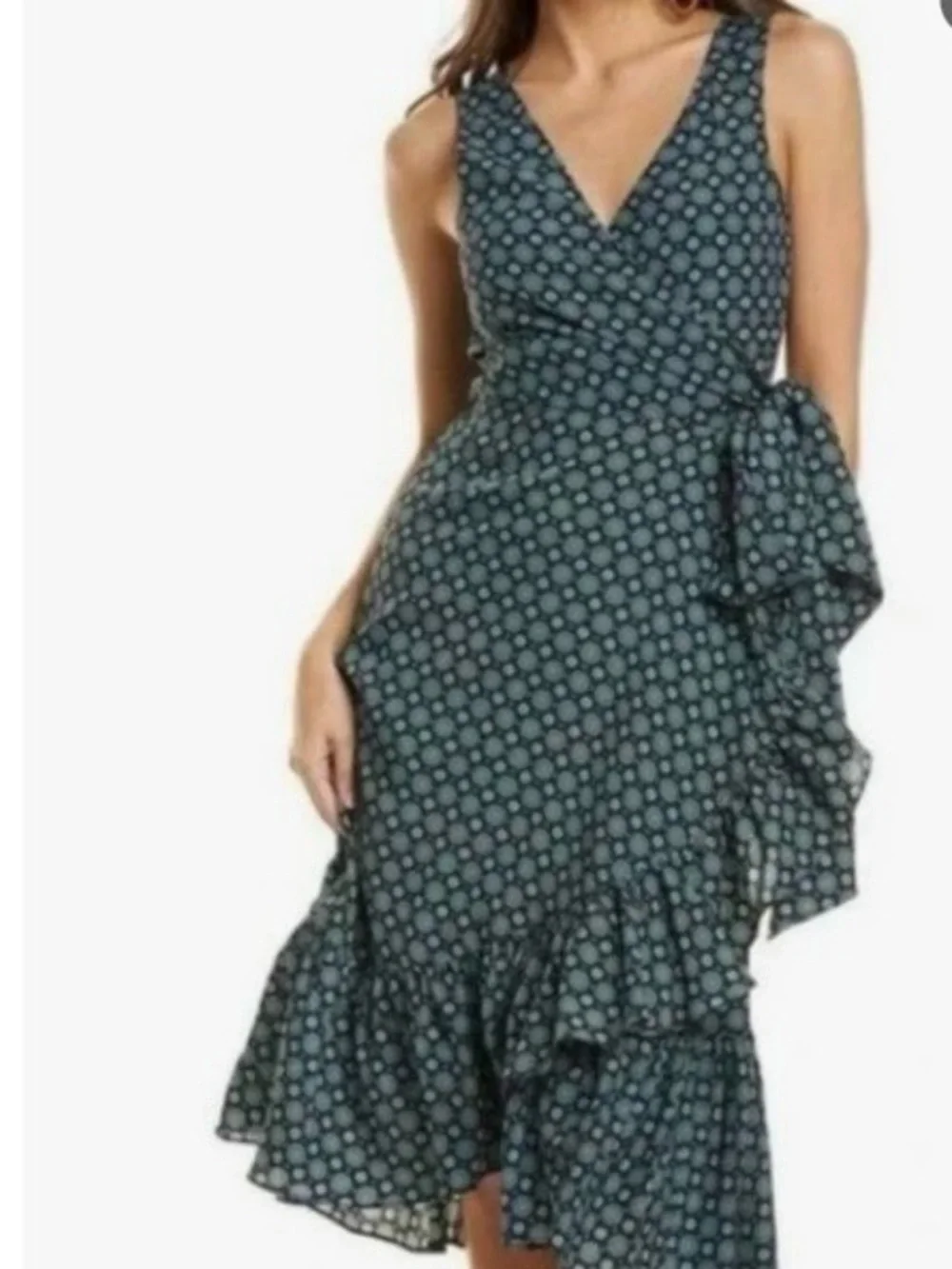 Tory Burch Ruffle Wrap Dress Black Medallion Maxi Dress with Teal Circular Print